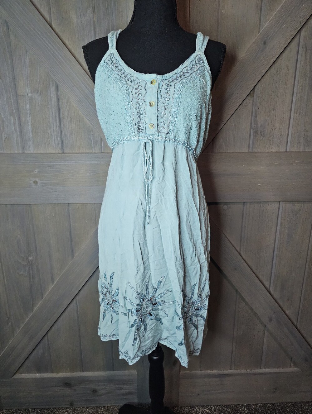 Vintage Raya Sun Light Blue Embroidered Spaghetti Strap Dress sz Medium